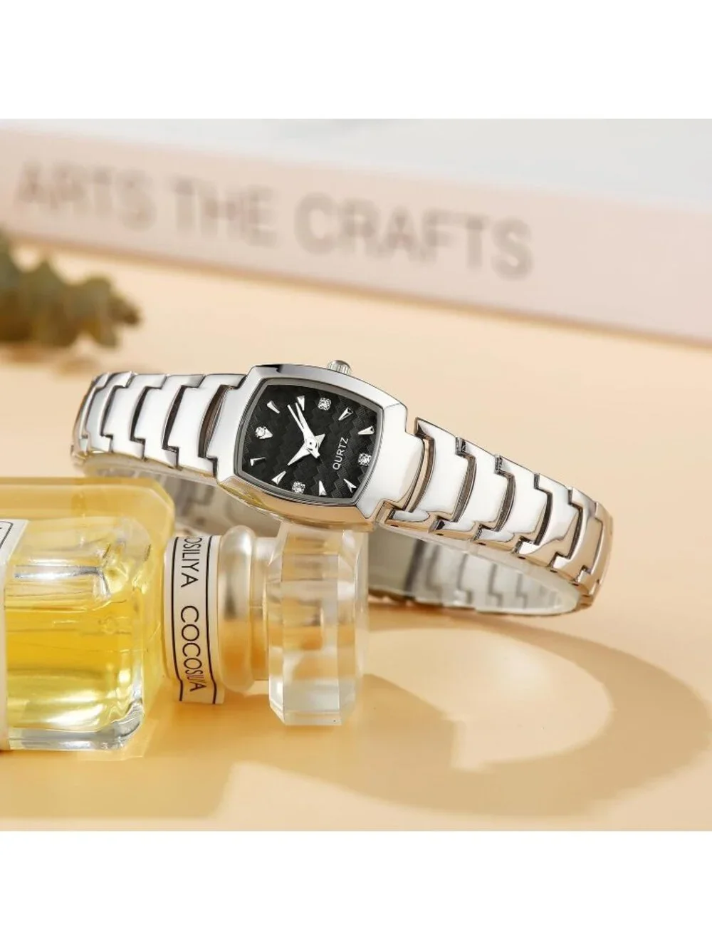 Women's Silver And Black Analog Steel Dainty Rectangle Waterproof Square Watch